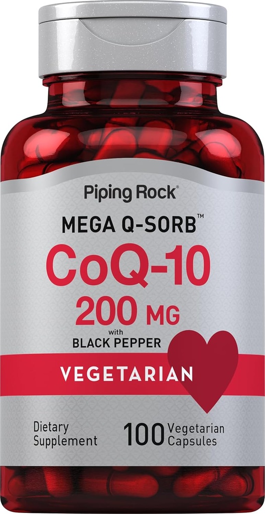 Piping Rock CoQ10 200mg Capsules ← 100 Pills ← Black Pepper Extract ← Coenzyme Q10 Suplemento para Mujeres y Hombres Silencio Vegetariano, No GMO, Gluten Free