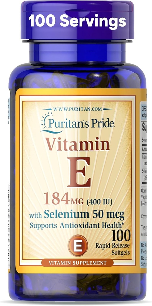 Pride de Puritan Vitamina E 184mg (400 UI) con Selenium 50mcg, Suplemento de Vitamina Para Sistema Inmunitario y Apoyo a la Salud Antioxidante, 3 Month Supply, 100 Rapid Release Softgels