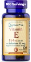 Puritan's Pride Vitamin E 184mg (400 IU) with Selenium 50mcg, Vitamin Supplement For Immune System and Antioxidant Health Support, 3 Month Supply, 100 Rapid Release Softgels
