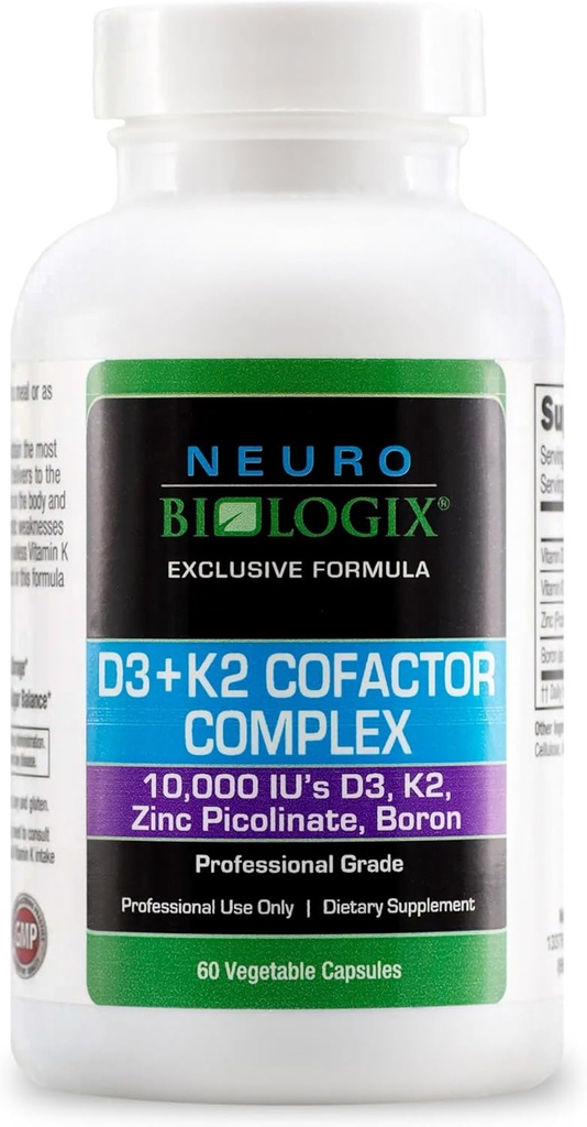 Complejo de Cofactor D3+K2 - Ayuda a maximizar los beneficios de vitamina D para bonificación, corazón y apoyo inmunológico - Formulado con vitamina D3, K2 (vitaMK7®), Zinc " Boron para promover la utilización eficiente del calcio – 60 cápsulas