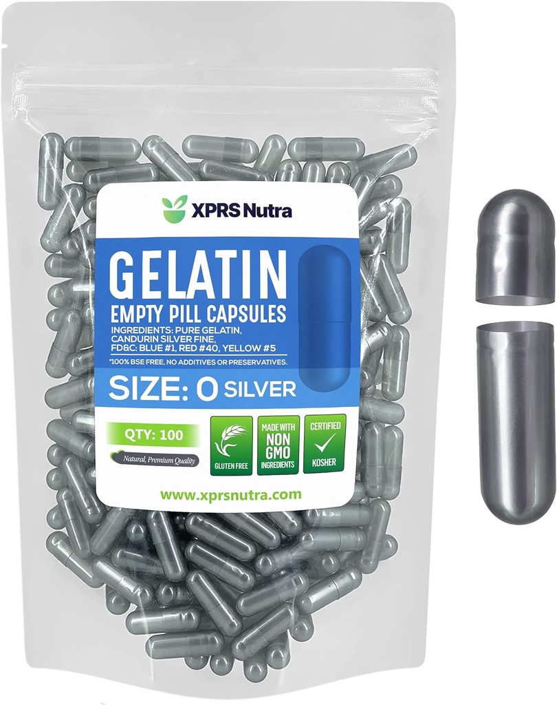 XPRS Nutra Size 0 Empty Capsules - 100 Conde Empty Gelatin Capsules - Pills DIY Capsule Filling - Pure Bovine Pill Gel Caps for Do-It-youself Supplements (Silver)