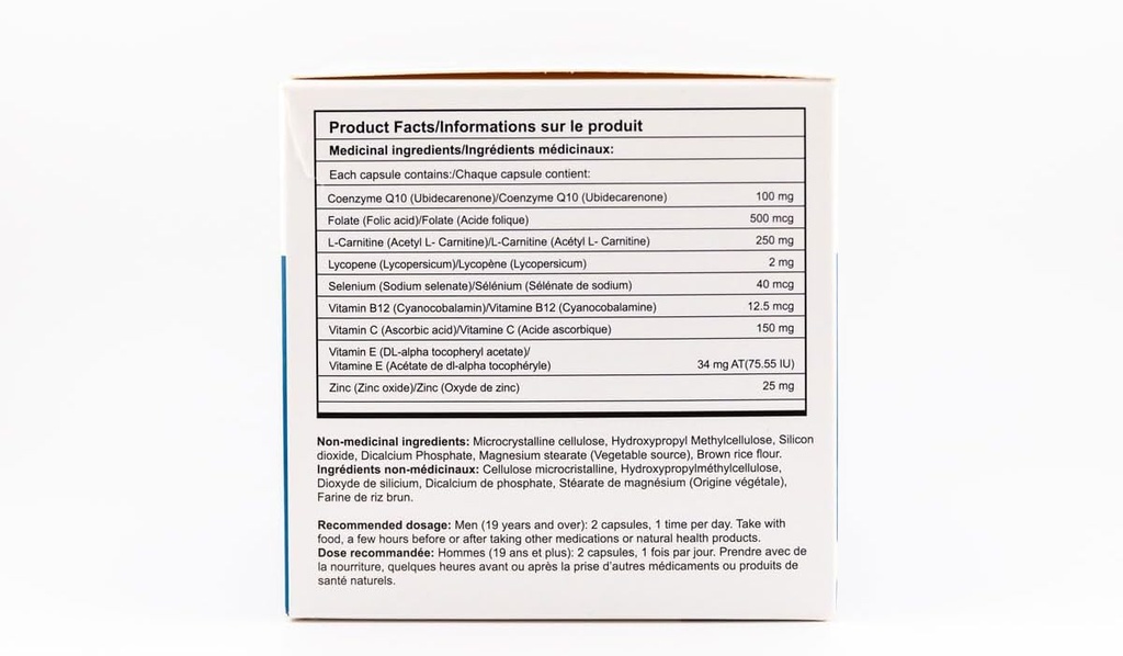 A Natural Male Fertility Support Suplemento con CO-Q10, L-Carnitina y Vitamina E, 60 cápsulas