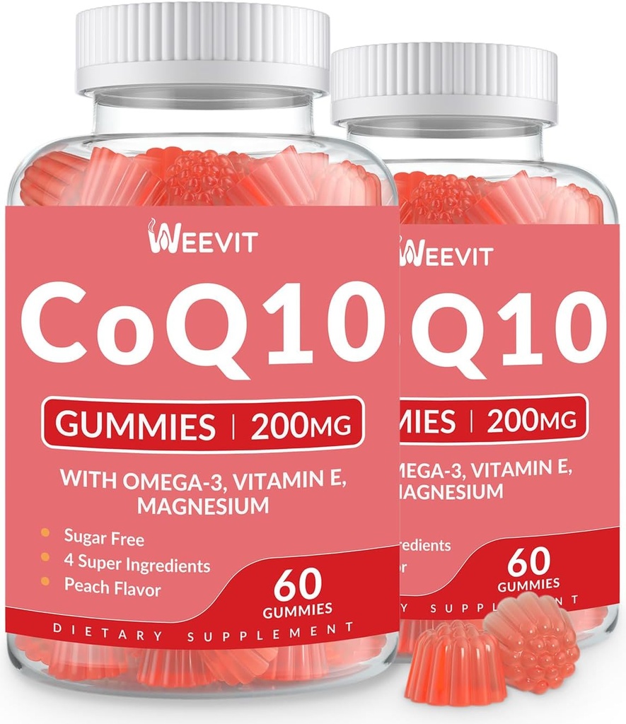 Azúcar CoQ10 Gummies 200 MG, Coenzyme Q10 (Ubiquinone) Gummies para adultos, Co Q10 Suplemento con Omega-3, Magnesio, Energía, Cerebro