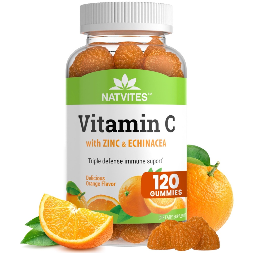 Vitamin C and Zinc Gummies for Adults with Echinacea and Rose Hips – Orange Flavored Gummy Vitamins for Women & Men – Immune Support Supplement – Non-GMO, Vegan, Gluten, Nut and Dairy Free (120 Count)