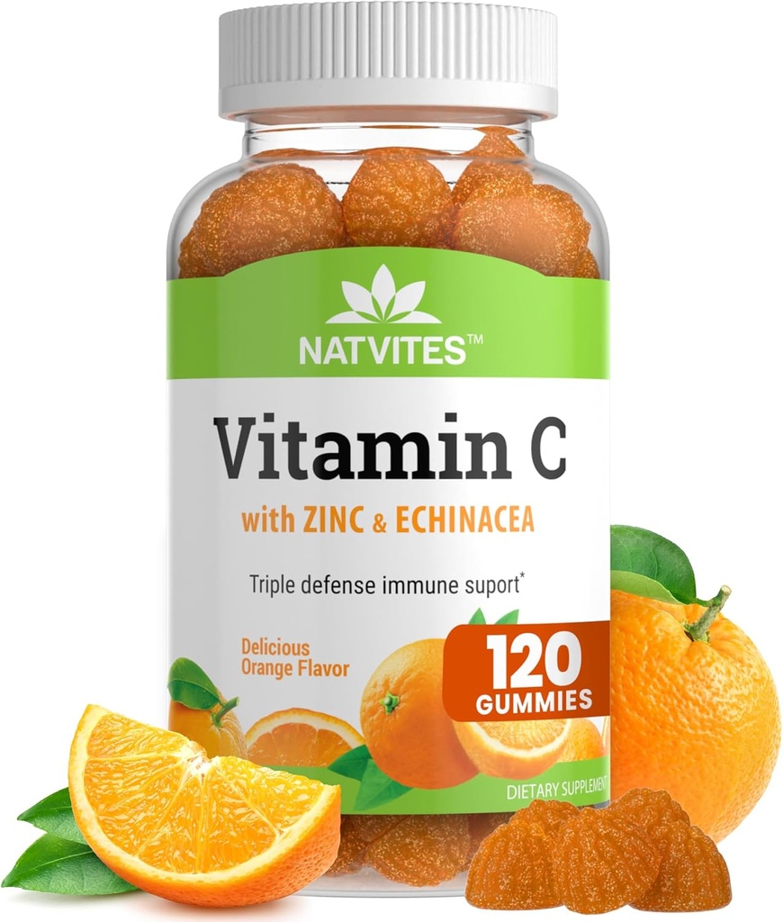 Vitamina C y Zinc Gummies para adultos con Echinacea y Caderas Rosas – Vitaminas de Gummy Naranja para Hombres – Suplemento de Apoyo Inmunitario – No GMO, Vegan, Gluten, Nut y Dairy Gratis (120 Conde)