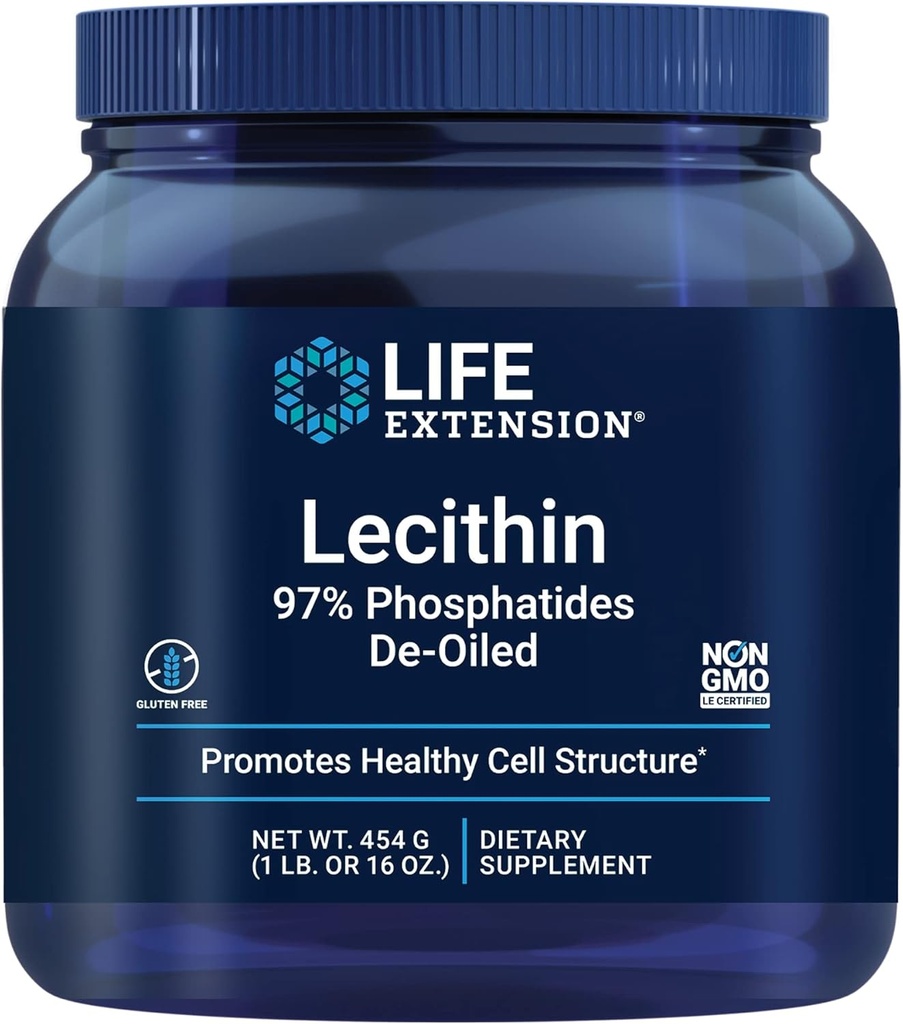Extensión de la vida Lecithin, promueve la estructura y función de células sanas en el cerebro, sin gluten, no GMO, Vegetariano, 454 gramos