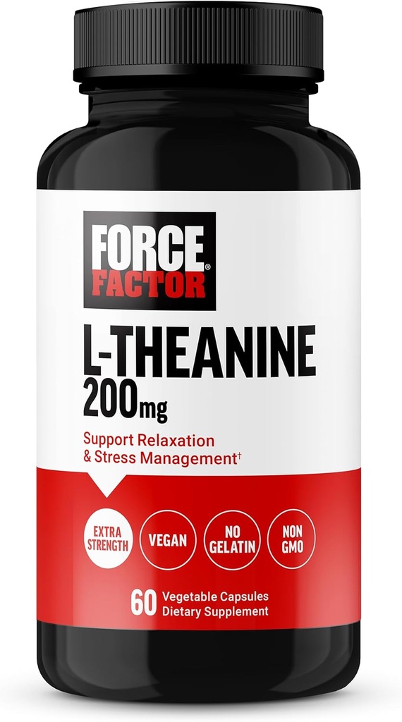 FORCE FACTOR L Theanine, Extra Strength L-Theanine Supplement for Stress Relief, and Supporting Calm and Relaxation, L Theanine 200mg Capsules, Vegan, Non-GMO, No Gelatin, 60 cápsulas vegetales
