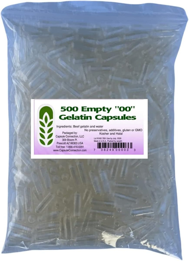 Capsule Connection USA-Made 500 Bulk Empty Gelatin Capsules, 00 Bolsa resealable tamaño