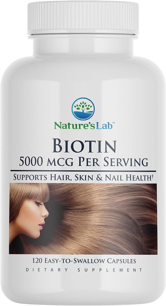 Laboratorio de la naturaleza Biotina 5000 mcg - Promueve el cabello saludable, las uñas de la piel - 120 cápsulas (4 mes de suministro)