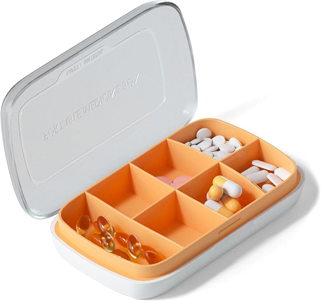 Travel Pill Organizer 1Pack，Pocket Pharmacy,7 Compartments Small Pill Box,Daily Pill Organizer,Portable Pill Case,Medicine Organizer Box for Pocket Purse Vitamin Container(Orange)
