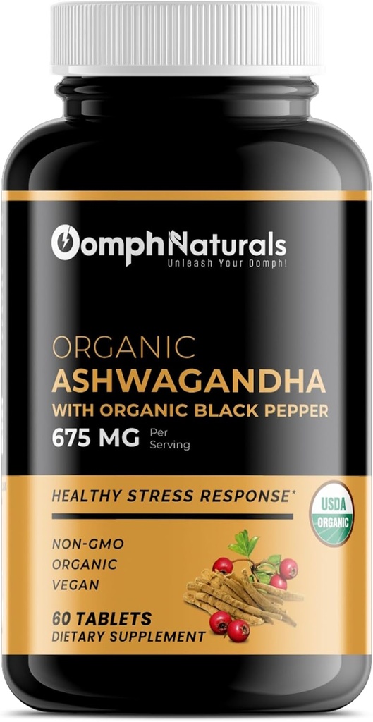 Ashwagandha orgánica 675 mg, 60 cápsulas veganos puro Ashwagandha orgánico Polvo y extracto de raíz