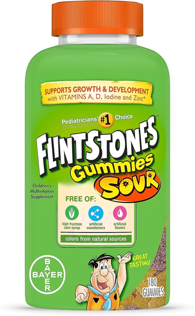 Flintstones Sour Gummy Vitaminas para niños, Gummies multivitamínicas para niños con vitaminas C, B6, B12, A &amp; Vitamina D, Apoyo al crecimiento y desarrollo de los niños, 180 Cuentas