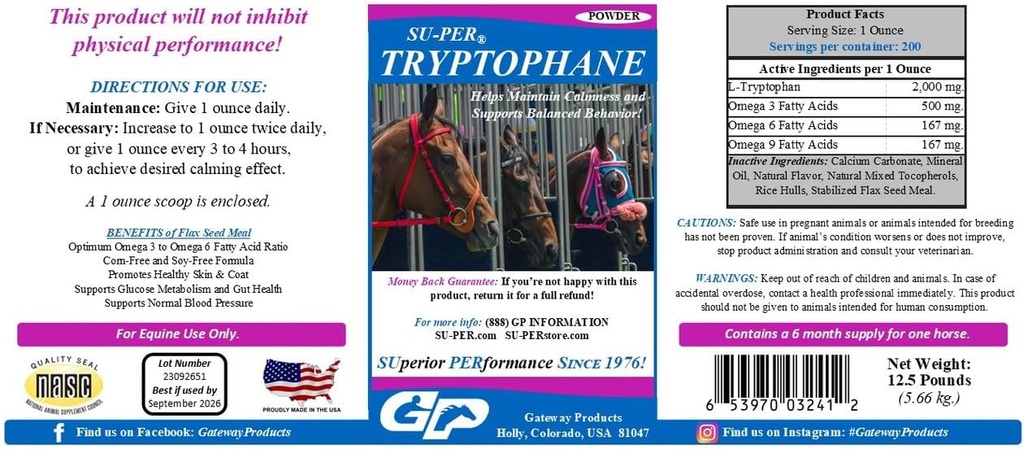 SU-PER Tryptophane Horse Calming Supplement - Maintain Calmness and Supports Balanced Behavior - 12,5 libras, 6 meses de suministro