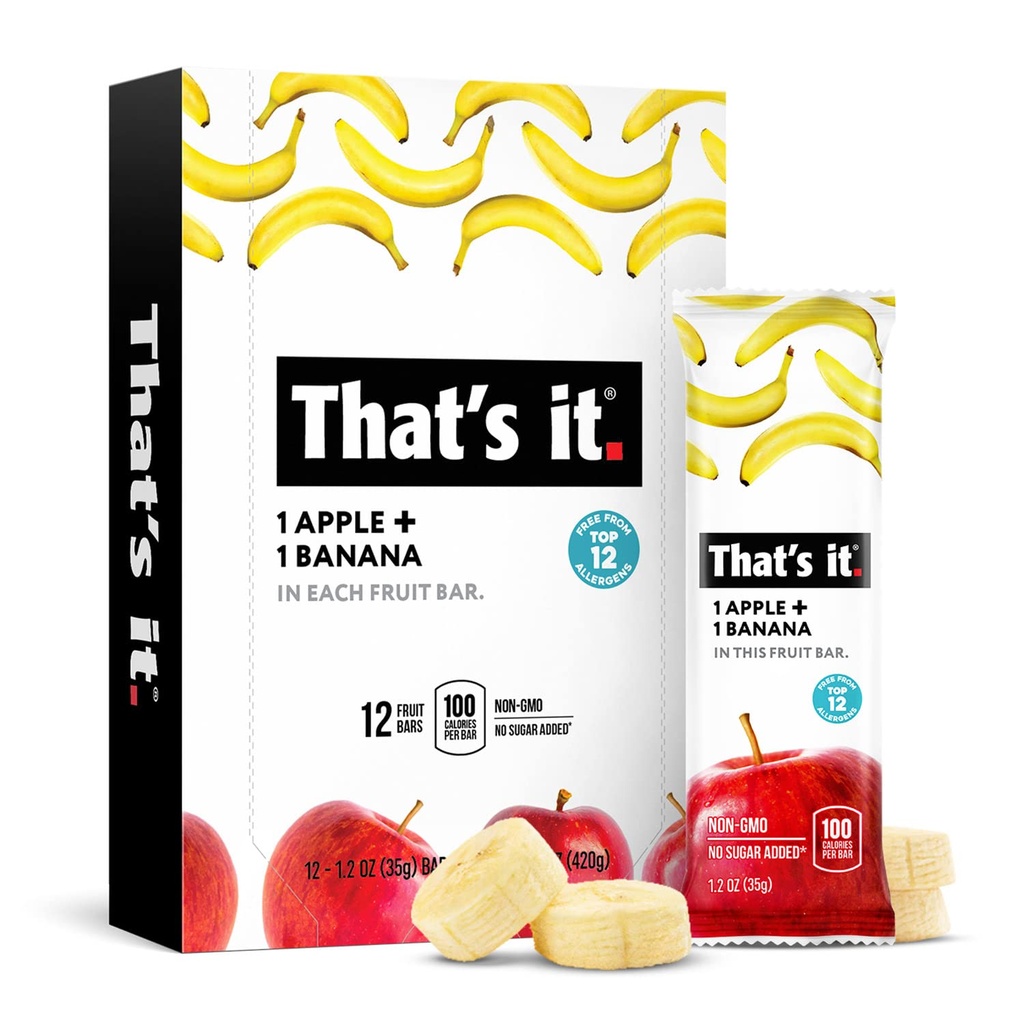 That's It Nutrition Apples + Banana 100% Natural Real Fruit Bar, Paleo para Adultos Niños, Libre de Azúcar, No conservantes Energy Food, 14.4 Oz, Pack de 12