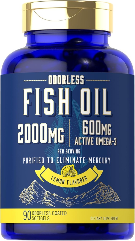 Carlyle Fish Oil 2000mg ← 600mg Omega 3 Suplemento para Hombres &amp; Mujeres TEN 90 Odorless Softgels TEN Lemon Flavored TEN Non-GMO y Gluten Free