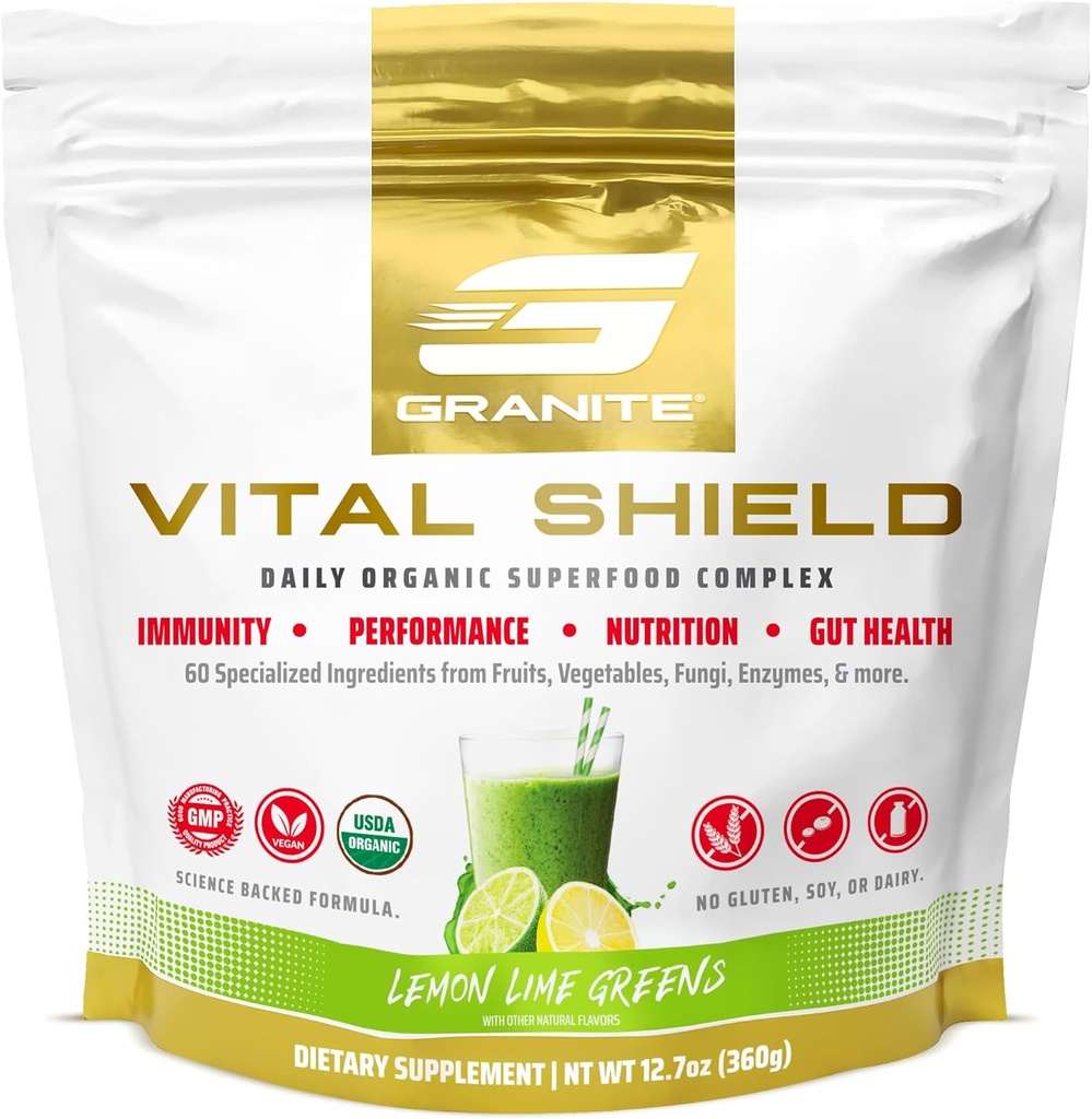 Granite Nutrition Vital Shield - USDA Organic Superfood Greens with Mushrooms & Tart Cherry – Supports Energy, Immune Function " Digestive Health – Lemon Lime Flavor (30 Servings)