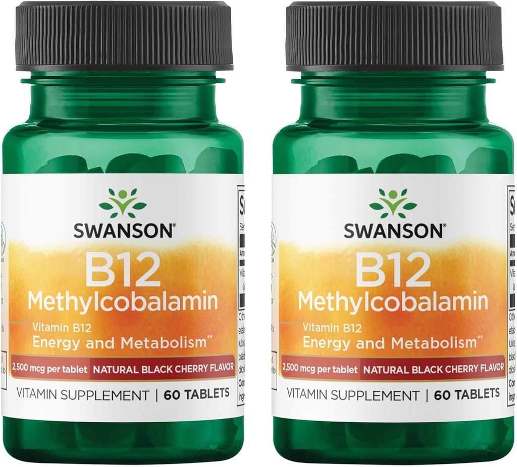 Swanson Vitamina B12 Metilcobalamina - Cereza Negra Natural Flavored 2,500 mcg 60 Tabs (2 Pack)