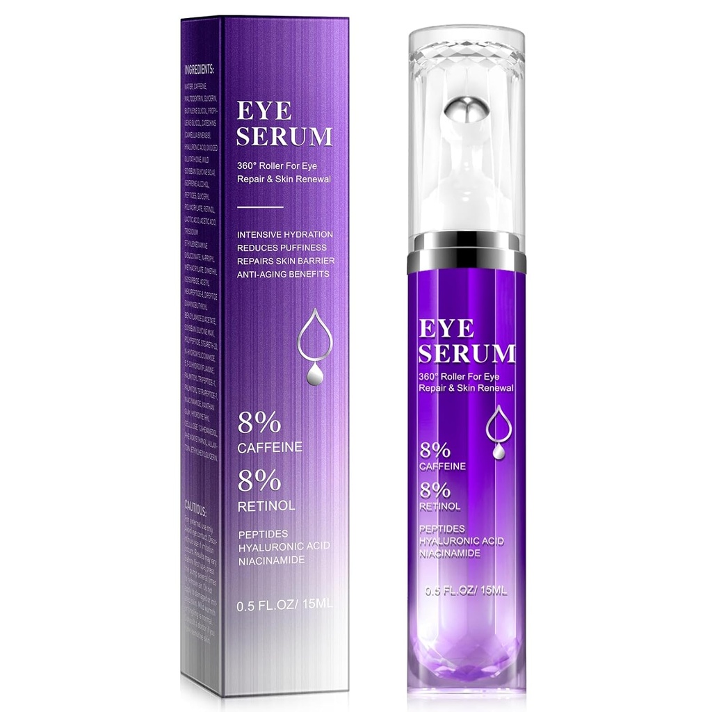 Bajo Eye Roller Serum - 8% Caffeine " 8% Retinol Eye Cream for Dark Circles, Puffiness and Bags, Puffy Bags Fine Lines Wrinkles, 360° Massage Ball Cream, Hyaluronic Acid Serum for Men &amp; Women