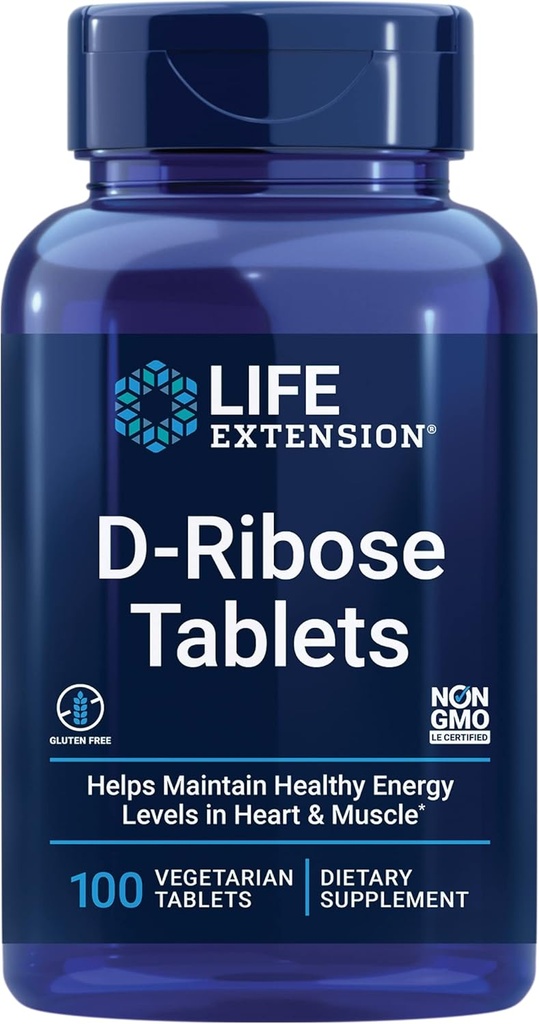 Extensión de vida Tablas D-Ribose, Plus Calcium, Ayuda a mantener niveles de energía saludables en el corazón y el músculo, promueve la producción de ATP, libre de gluten, no GMO, Vegan, 100 Tablets vegetarianos