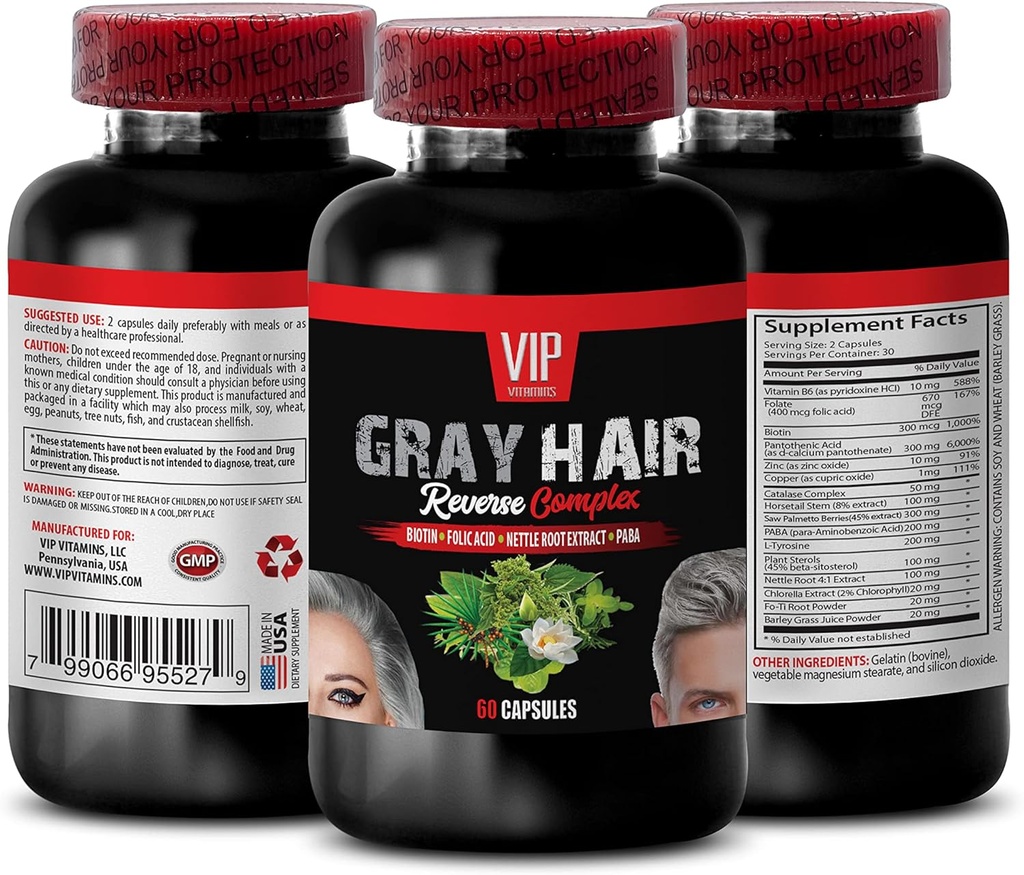 VIP VITAMINS Hair Supplement - Gray Hair Inverso Complejo, Biotina, ácido fólico, Nettle Root - Saw Palmetto Extract, 1 Botella (60 cápsulas)