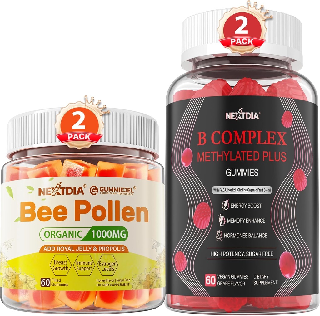 Bee Pollen for Breast Growth Organic 1000mg + Vegan Super Methylated B Complex Vitamin Gummies for Women