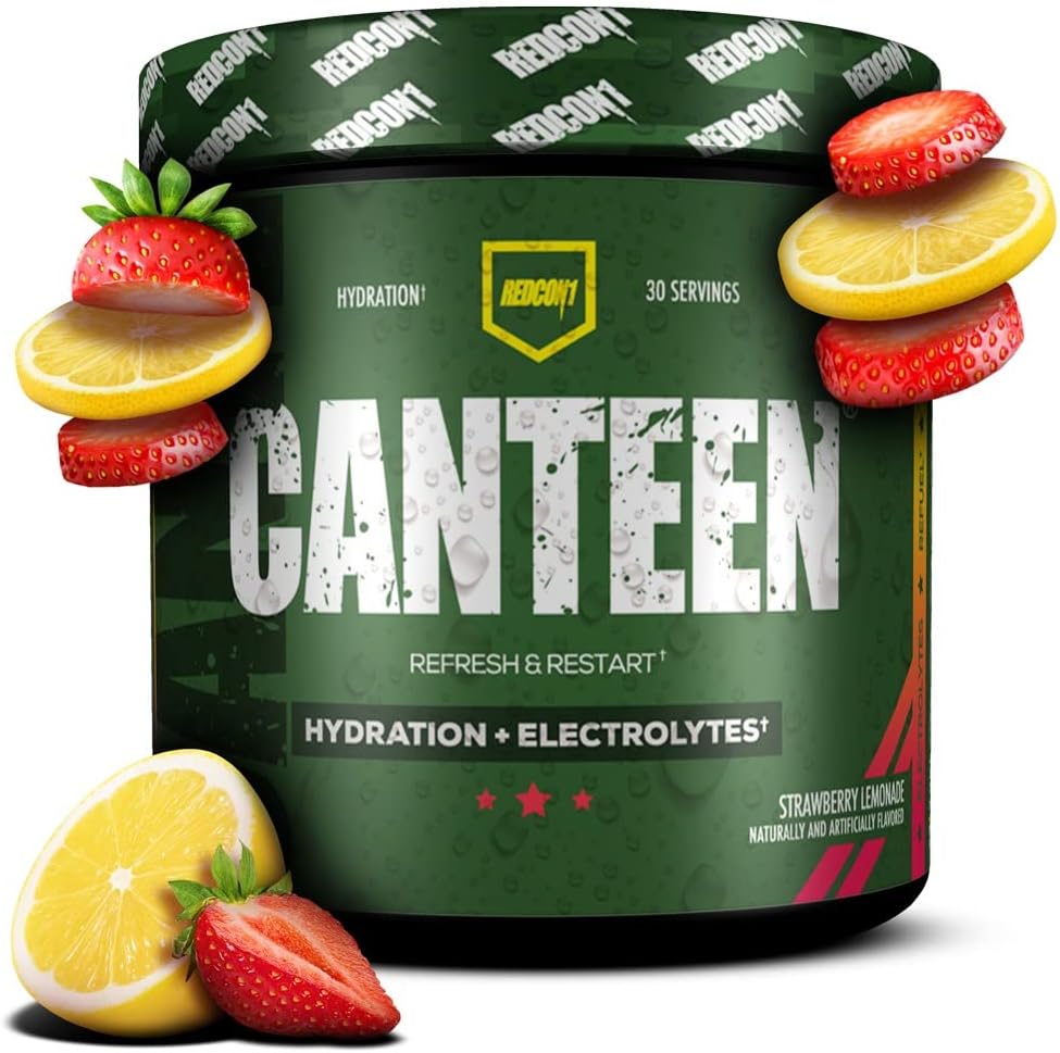 REDCON1 Canteen Hydration + Electrolytes, Strawberry Lemonade - Electrolyte Drink Powder with B Vitamins + Minerals for Recovery - Coconut Water Powder & Hyaluronic Acid for Hydration (30 Servings)