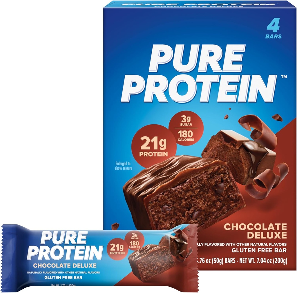 Pure Protein Bars, High Protein, Nutritious Snacks to Support Energy, Low Sugar, Gluten Free, Chocolate Deluxe, 1.76 oz., Pack of 4