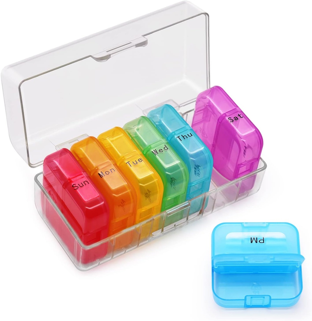 GREENCYCLE Organizador semanal 7 días 2 veces al día, AM Portable Travel Compartments Daily Pill Cases for Pills Vitamin Fish Oil Supplements, BPA Free Pill Box, Easy to Clean
