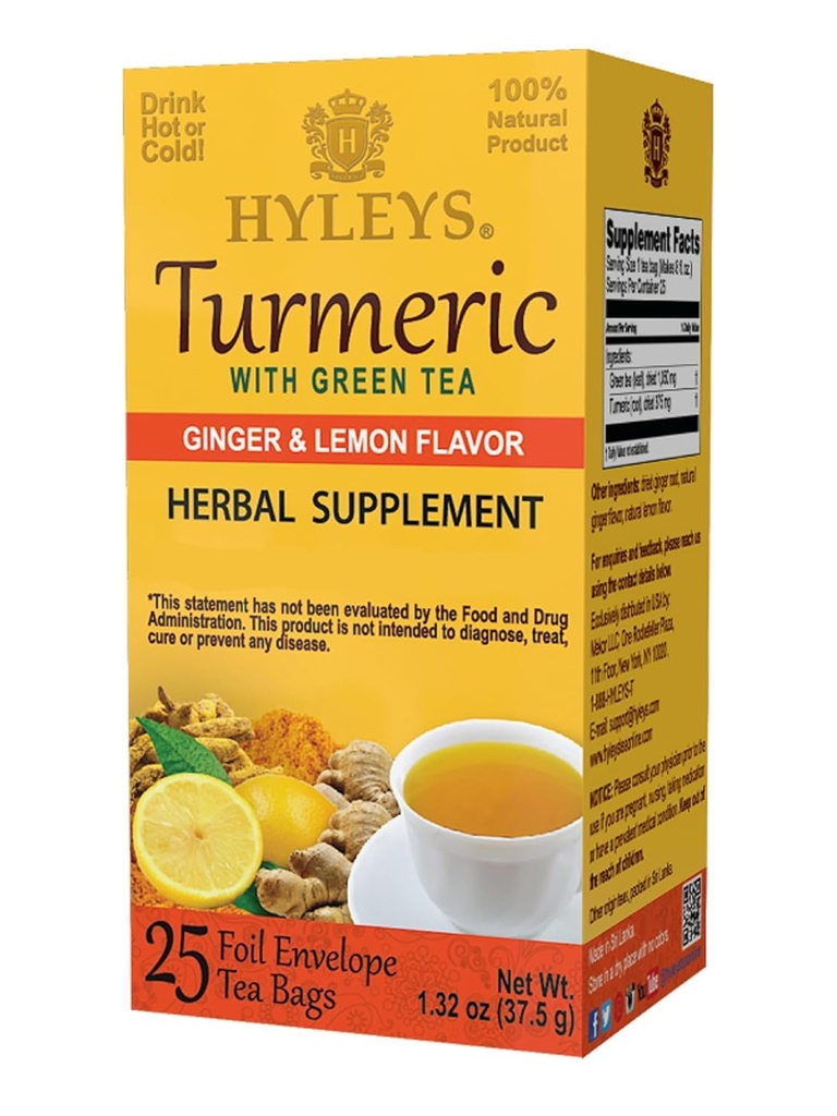 Hyleys Ginger Turmeric Tea Lemon Flavor - 25 Tea Bags (12 Pack - 300 Tea Bags Total) - Wellness Herbal Suplemento Green Tea