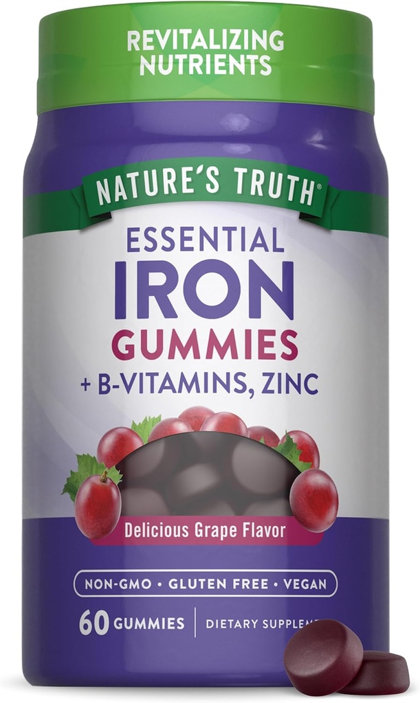 Nature's Truth Iron Gummies | 60 Count | Vegan, Non-GMO & Gluten Free Supplement | with Zinc & B Vitamins | Grape Flavor