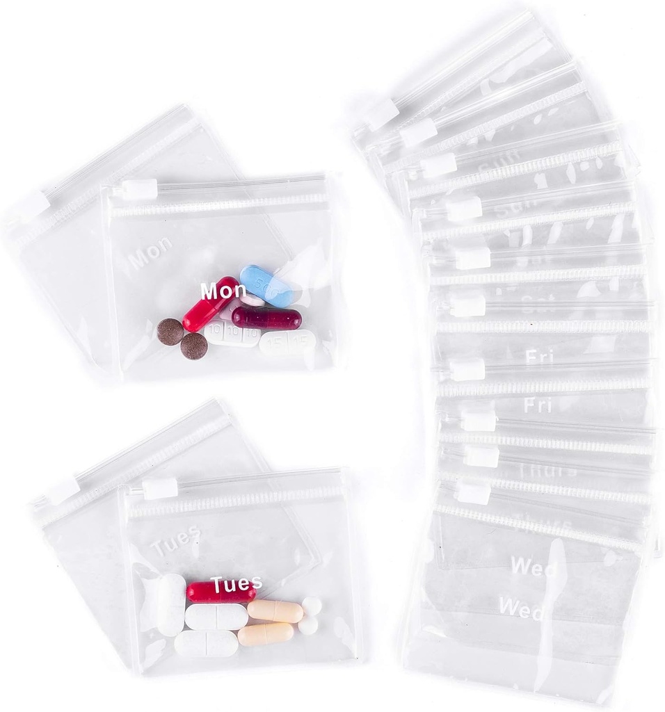 Reutilizable Pill Pouches for Medicine with Slide Lock Silencio (14 Conde) 3" Amplia por 2.75" Tall Labelled Monday-Sunday Pill Bags ANTE EVA Grade Plastic for Pills and Vitamins