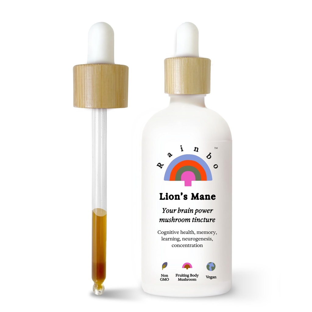 Rainbo - Mane Mushroom de León Tintura - Doble Extracto Mushroom Suplemento - Brain Support, Focus, Memory, Liquid Lion's Mane Supplement, Vegan, Non GMO, 3.4 fl oz