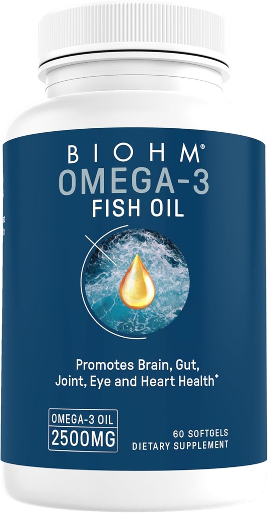 BIOHM Omega-3 Fish Oil (2500mg, 60 Softgels) High Potency 860mg EPA &amp; 630mg DHA, Omega 3 Fatty Acid Suplementos para apoyar cerebro, articulación, ojo, salud del hígado " , Fuente sostenible