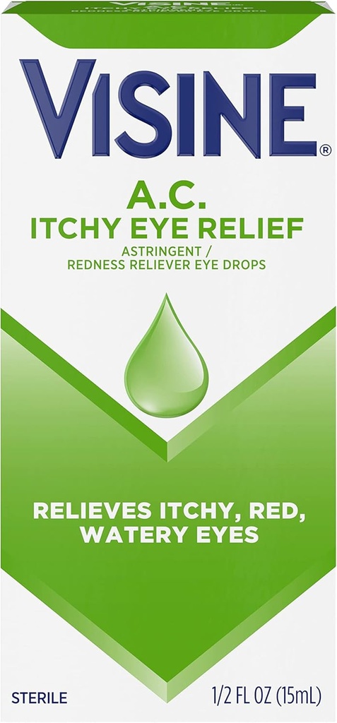 Visine A.C. Itchy Eye Relief Eye Drops with Zinc Sulfate " Tetrahydrozoline HCl, Eye Drop Treatment with Redness Reliever " Astringent for Itchy, Red, Watery " Irritated Eyes, 0.5 fl. oz