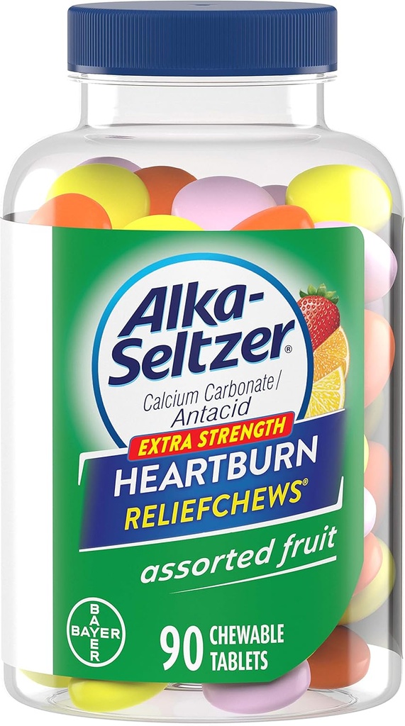 Alka-Seltzer Extra Strength Heartburn ReliefChews - Alivio de Heartburn, Acid Indigestion and Sour Stomach - Assorted Lemon, Orange Strawberry Flavors - 90 Condes