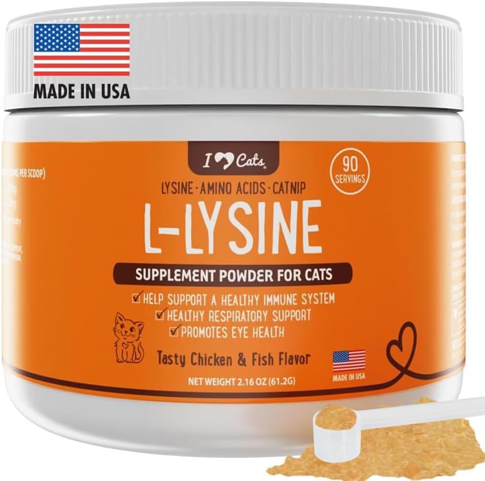 iHeartCats L-Lysine for Cats - Immune &amp; Respiratory Supplement for Cats - Cat Sneezing &amp; Runny Nose Relief - L-Lysine Powder with Cat Nip - Chicken &amp; Salmon Flavor