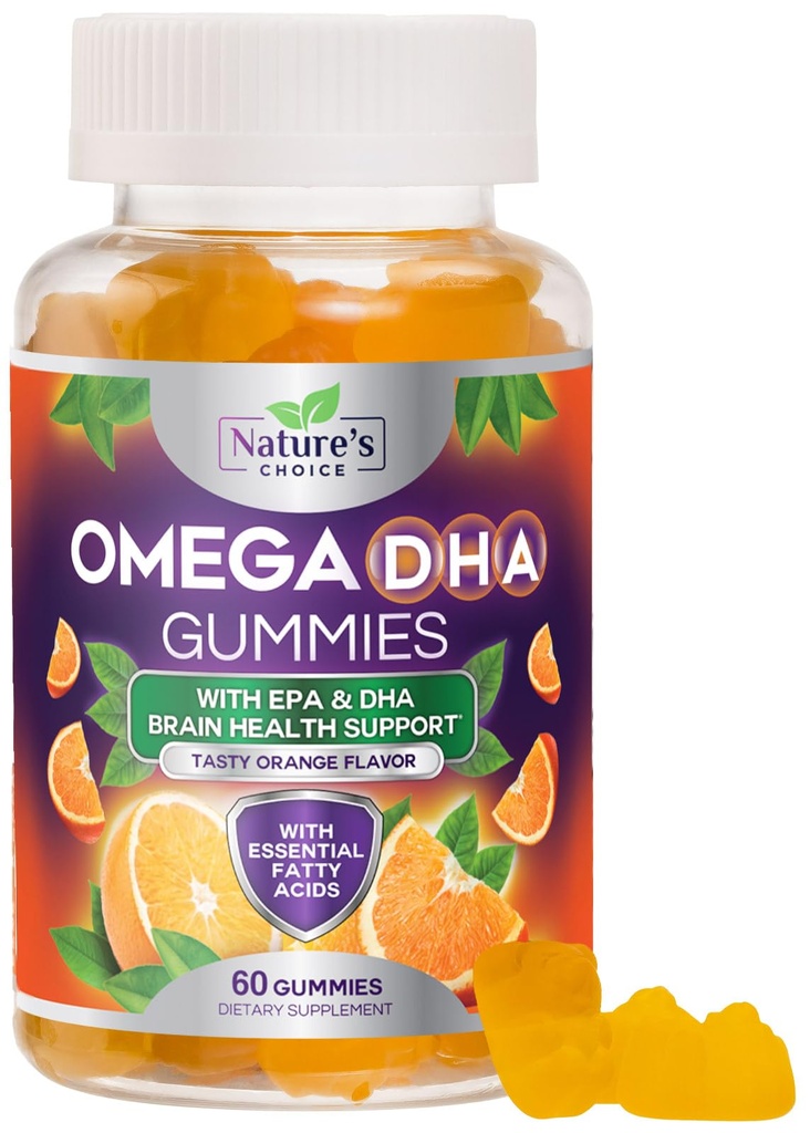 Omega 3 Fish Oil Gummies - Triple Strength Omega3 Gummy - DHA & EPA Fatty Acids for Heart Health, Joint & Brain Support, Nature's High Absorption Omega Fish Oil Supplement, Orange Flavor- 60 Gummies