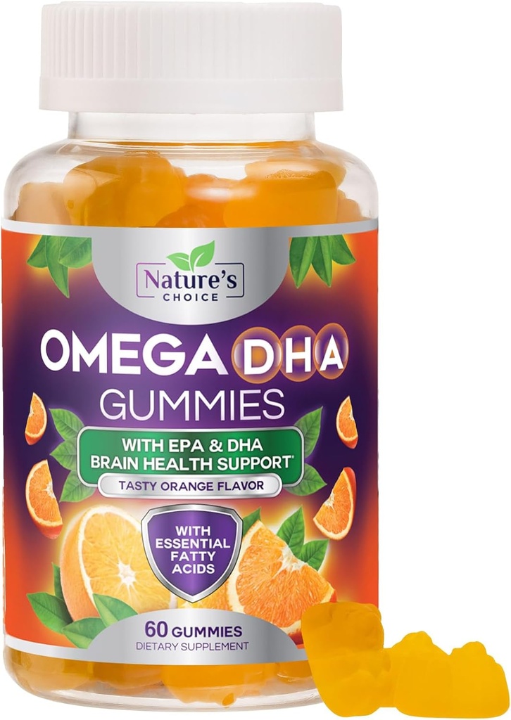 Omega 3 Fish Oil Gummies - Triple Strength Omega3 Gummy - DHA &amp; EPA Fatty Acids for Heart Health, Joint & Brain Support, Nature's High Absorption Omega Fish Oil Suplemento, Orange Flavor- 60 Gummies