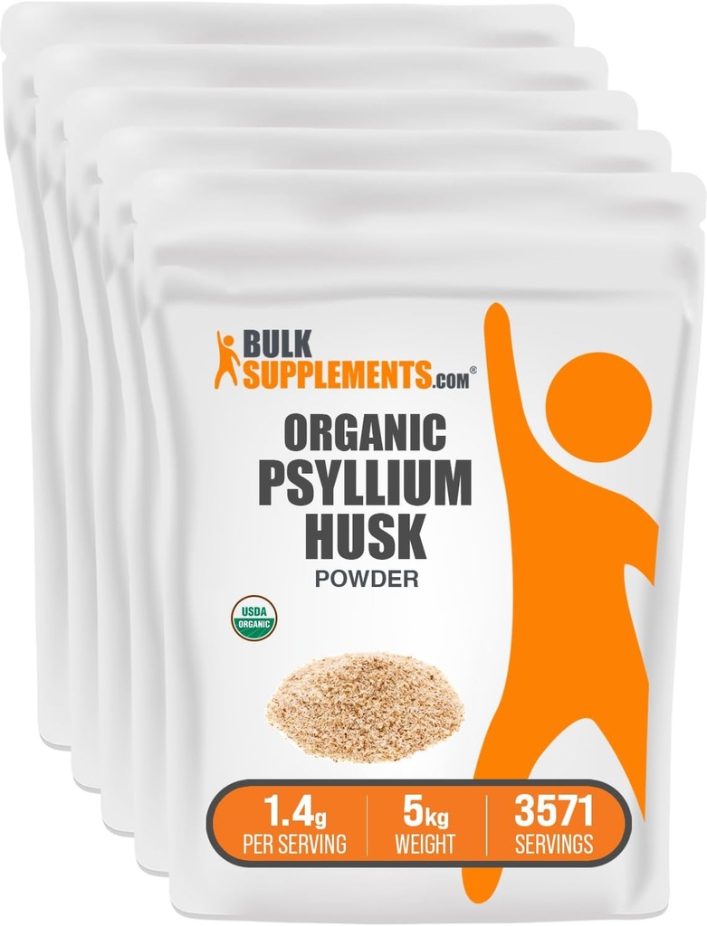 BulkSupplements.com Orgánica Psyllium Husk Powder - Psyllium Husk Polvo para Hornear, Suplemento de fibra - Gluten Gratis, 1.4g por Serving, 1kg (2,2 libras) (Pack de 5)