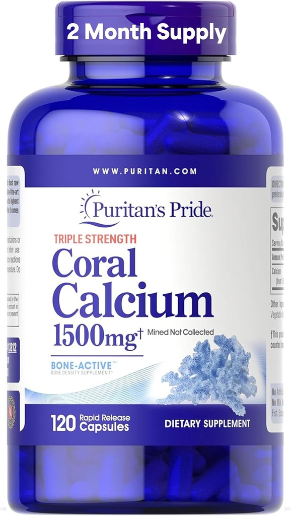 Puritan's Pride Triple Strength Coral Calcium 1500mg con Bone-ActiveTM, Suplemento dietético para el corazón, Nerve y Muscle Support, 2 Month Supply, 120 Rapid Release Capsules