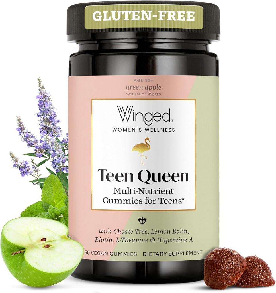 Winged Wellness Multivitamin Gummies for Teen Girls - Vitaminas Adolescentes para el Mood &amp; Hormonal Health - Vegan Gummy Suplemento con Chaste Tree, Lemon Balm, L-Theanine, Probiotics & Biotin - 50 Gummies