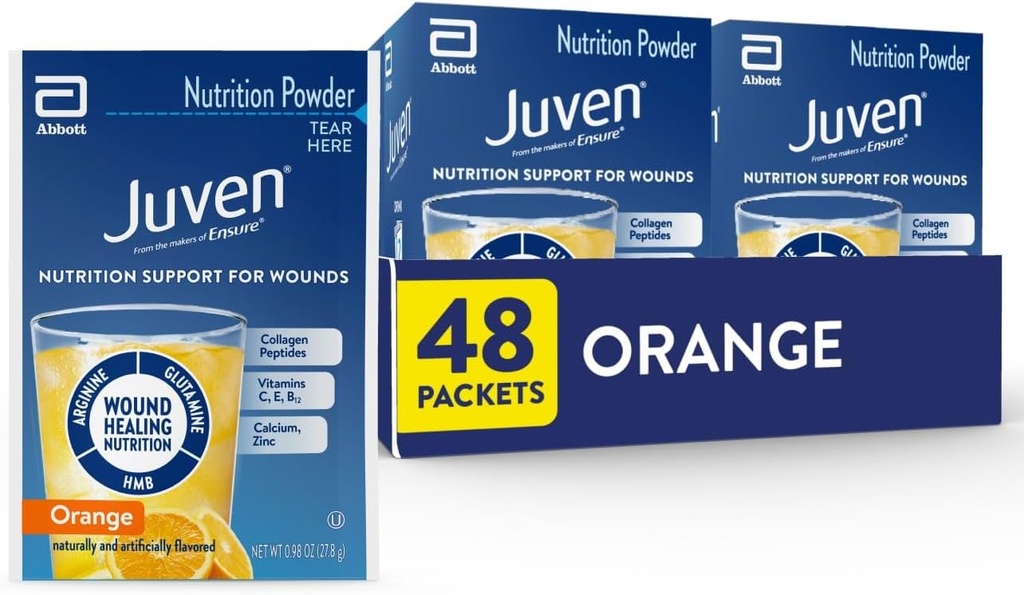 Juven Therapeutic Nutrition Drink Powder Incluido Peptides Collagen, Amino Acids, y HMB para el soporte de curación de heridas, Orange, 48 Packets