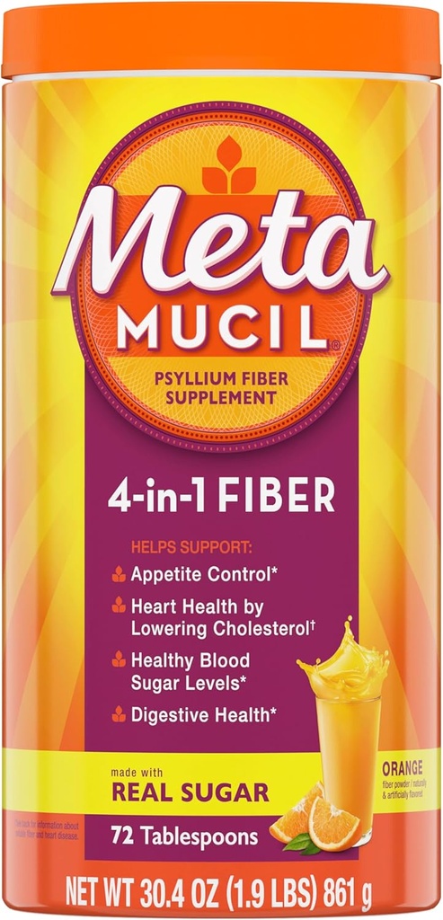 Metamucil 4-en-1 Psyllium Husk Suplemento de fibra, azúcar real, 72 cucharadas, Orange Flavored, Daily Fiber Powder for Digestive Health, fabricado con Psyllium Husk Fiber