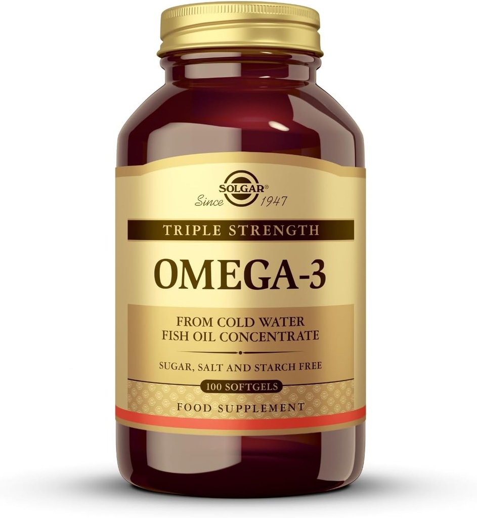 Solgar Triple Strength Omega-3 950 mg, 100 Softgels - Asistencia Cardiovascular, Mixta &amp; Skin Health - Heart Healthy Supplement - Essential Fatty Acids - Non GMO, Gluten Free, Dairy Free - 100 Count