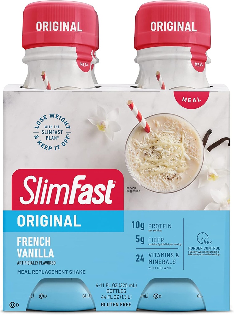 SlimFast Meal Replacement Shake, Original French Vanilla, 10g de List to Drink Protein for Weight Loss, 11 Fl. Oz Bottle, 4 Count (Packaging May Vary)