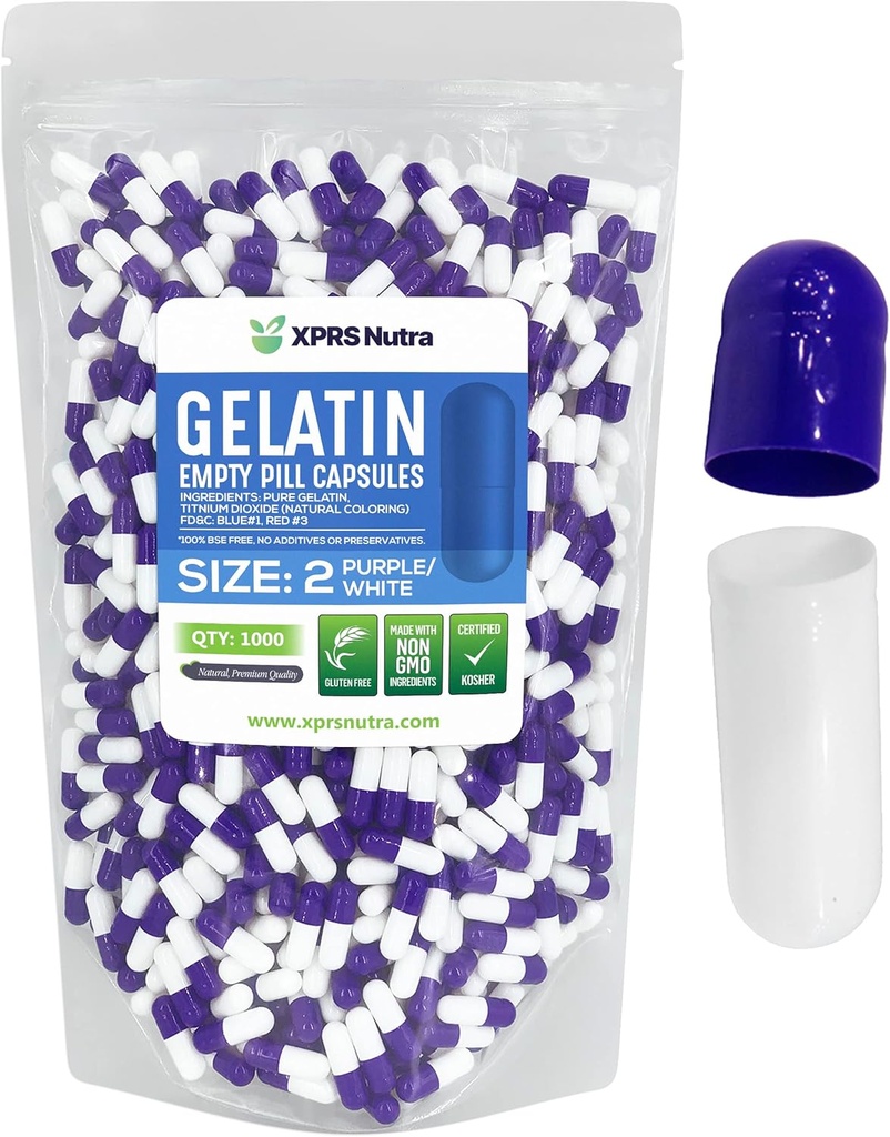 XPRS Nutra Size 2 Empty Capsules - 1000 Count Empty Gelatin Capsules - Pills DIY Capsule Filling - Pure Bovine Pill Gel Caps for Do-It-Yourself Supplements (Purple/White)