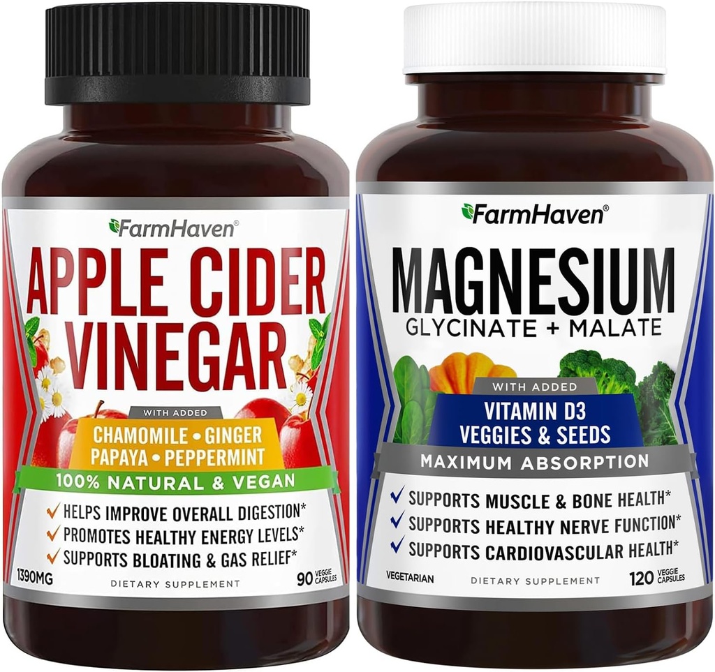 FarmHaven Magnesium Glycinate &amp; Malate Complex y Apple Sider Vinegar Capsules