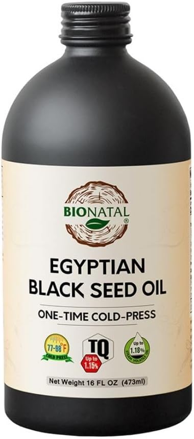 BioNatal Egipcio Negro Semillas – Cold Presionado Nigella Sativa Producing Black Cumin Seed Oil, Unrefined " Non-Filtered, High TQ Up to 1.15% – Soporta Immune System, Digestión " Juntas 16oz Glass