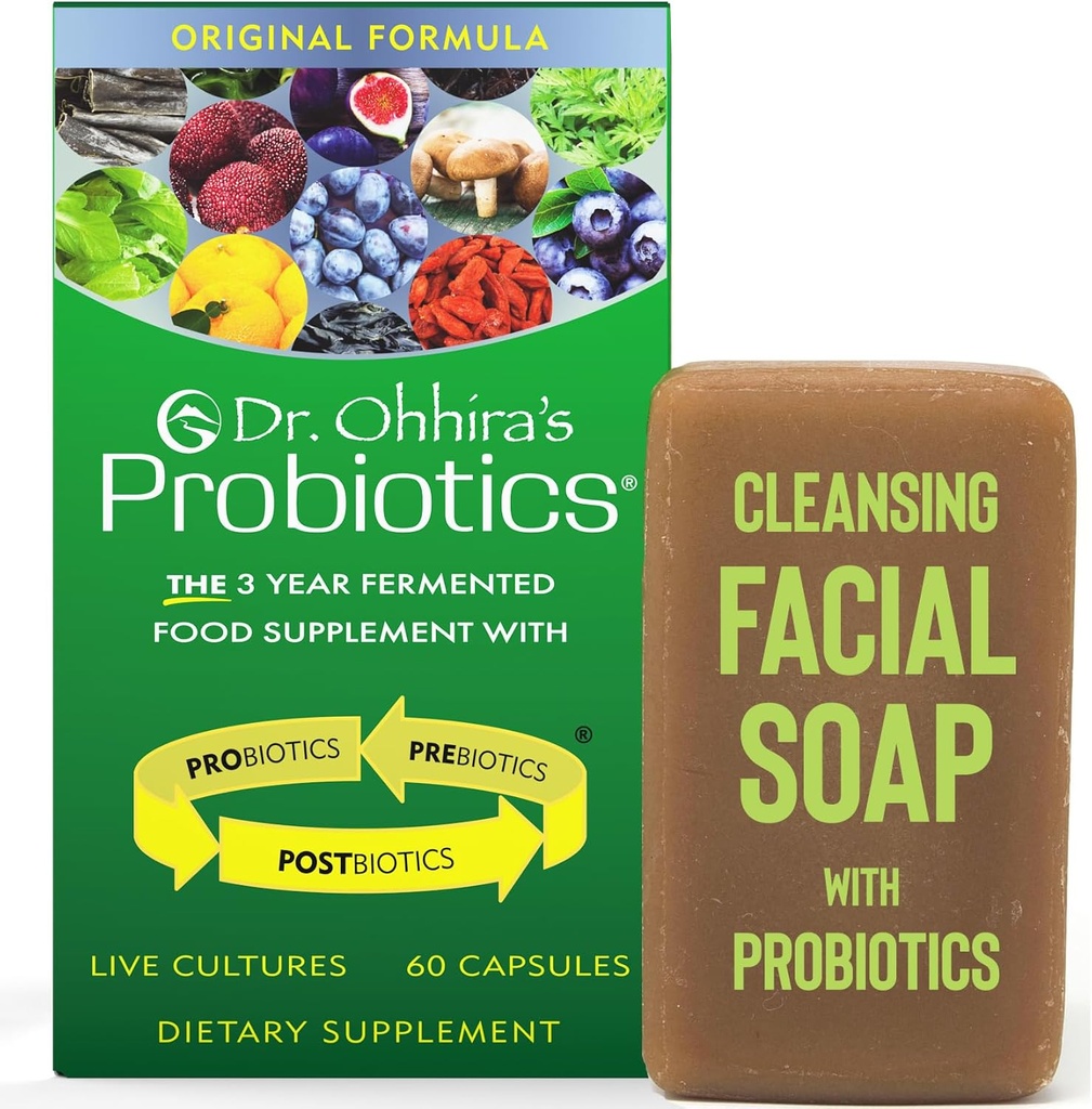 Probióticos del Dr. Ohhira Original Fórmula 60 cápsulas con bonificación Bar Soap Travel Size 20g - No Refrigeration Supplement for Women and Men, 13 Strains Probiótico