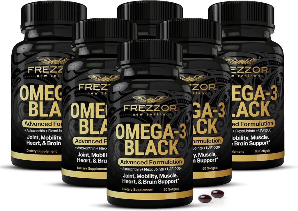 FREZZOR Omega 3 Negro para el cuidado conjunto & Comfort - Nueva Zelanda Green Lipped Mussel Oil Capsules; 53x Potency Superior con UAF1000+ Super Antioxidante, No Fishy Aftertaste, 450mg, 6-Pack, 360 Softgels